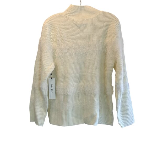 Calvin Klein Large Mock Neck Fuzzy Stripes Sweater Ribbed Knit Winter White - Picture 4 of 10
